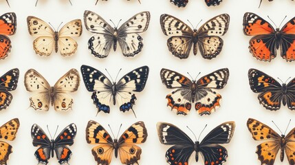 Seamless pattern featuring a vintage collection of multicolored butterflies on a white background ideal for textile design home decor and stationery