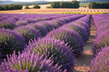 Obraz premium Lavender Blooming Field: A Aromatic Purple Essence in a Peaceful Rural Landscape