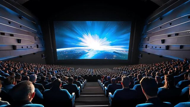 A movie theater with people watching a film on a big screen