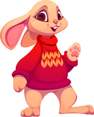 Cartoon rabbit animal character in knit Christmas sweater. Isolated vector cheerful forest bunny personage exudes festive charm, donning a cozy knit clothes, adorned with playful Xmas holiday patterns