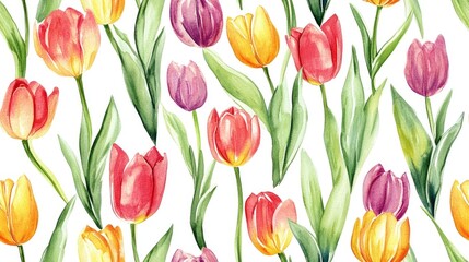 Vibrant seamless pattern of bright watercolor tulips perfect for spring and summer textile designs fabric wallpaper and decorative packaging