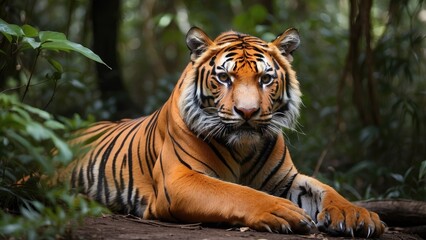 Obraz premium The endangered Malayan tiger, with its stunning orange fur and black stripes, is seen resting in the forest.