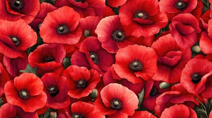Vibrant seamless pattern of red watercolor poppy flowers ideal for fabric design or home decor