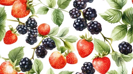 Seamless watercolor pattern of vibrant summer berries including red strawberries with green leaves and blackcurrants on a white background for packaging design and stationery
