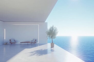 Serene Minimalist Interior with Ocean View, Bright Sunlight and Artistic Design, Perfect for Modern Architecture and Tranquil Lifestyle Themes