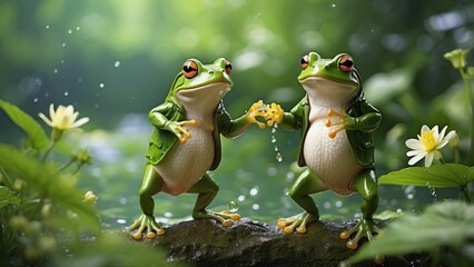 In a lush green setting, playful frogs dance together, capturing the happy moments of nature.-