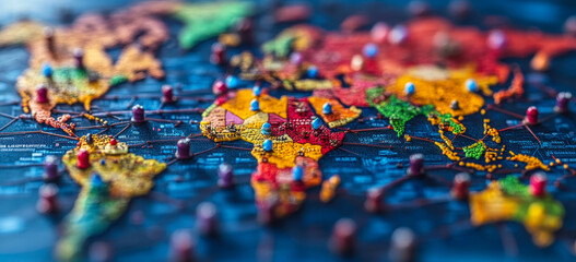 Fototapeta premium Colorful Global Network Map with Pins Connecting Countries for International Connectivity Concept