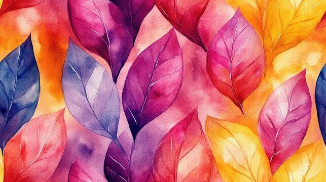 Seamless watercolor leaf pattern featuring vibrant autumn hues ideal for textile design and seasonal decor
