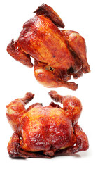 Whole roasted chicken against white background