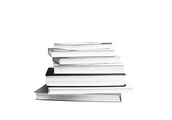 A stack of hardcover books shown in closeup, isolated against a white background. The books are...