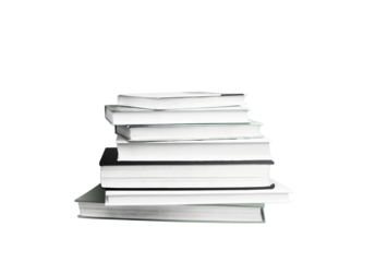 A stack of hardcover books shown in closeup, isolated against a white background. The books are arranged in a neat pile. Concept of education or reading