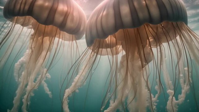 A mesmerizing scene of giant jellyfish floating through the water in slow, hypnotic movements, with their glowing tentacles trailing behind