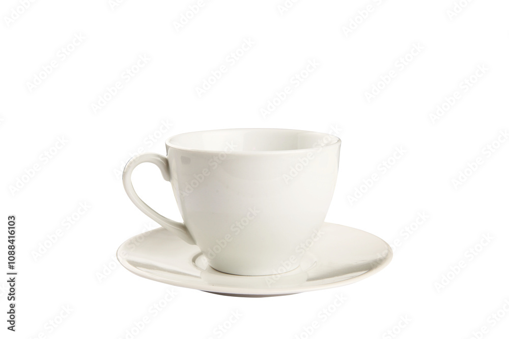 Poster white ceramic cup with a matching saucer shown on an isolated white background. clean and simple des