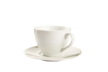 White porcelain teacup with saucer. Minimalistic style. Isolated on a white background. Concept of kitchenware or tableware design