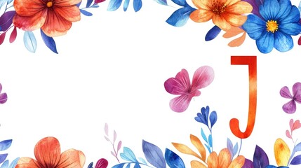 Elegant monogram J adorned with vibrant watercolor flowers and leafy accents perfect for logo design wedding invitations and greeting cards