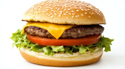 A juicy cheeseburger with a toasted sesame seed bun, melted cheese, crisp lettuce