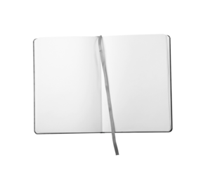 Open notebook with blank pages and a ribbon bookmark in the center. Isolated on a white background. Clean, minimalistic concept for design or template