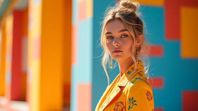Sophisticated model showcases elegant style in a colorful urban backdrop during a sunny day