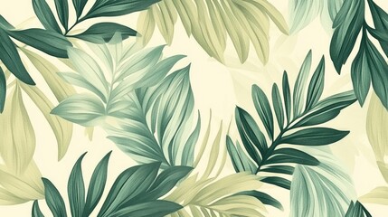 Seamless botanical pattern featuring mint and olive palm leaves with a retro Hawaiian flair perfect for fashion and home decor designs