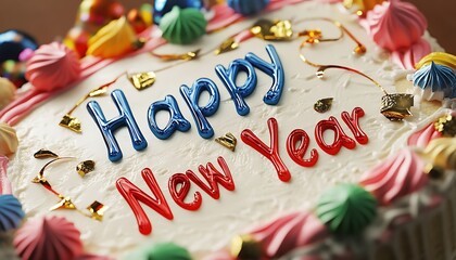 A close-up of a festive cake with "Happy New Year" written in icing surrounded by colorful decorations
