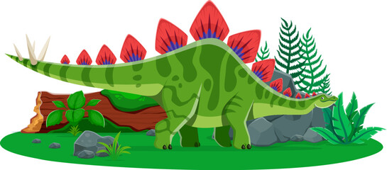 Dinosaur or prehistoric lizard Stegosaurus and dino animal character, cartoon vector. Jurassic era Stegosaurus dinosaur with armored spine spikes for kid paleontology encyclopedia and dino atlas