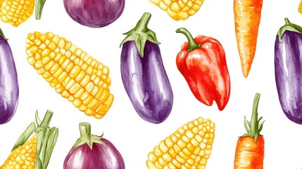 Colorful watercolor seamless pattern featuring fresh corn vibrant peppers ripe tomatoes rich eggplants and crunchy carrots perfect for food themed designs