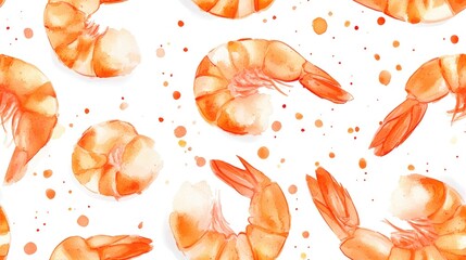 Seamless watercolor pattern of unpeeled boiled shrimp on white background for menu design and culinary applications
