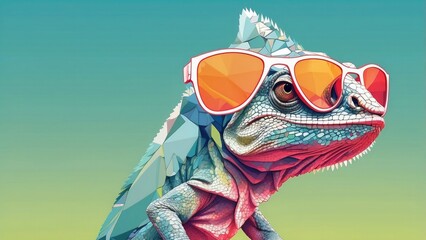 Vector art, digital art, faceted, minimalist, abstract, panorama, chameleon with sunglasses on a solid-colored background-