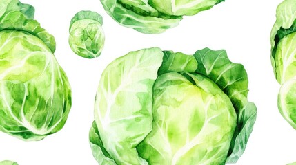 Fototapeta premium Seamless pattern featuring vibrant watercolor green cabbages ideal for textile design and home decor