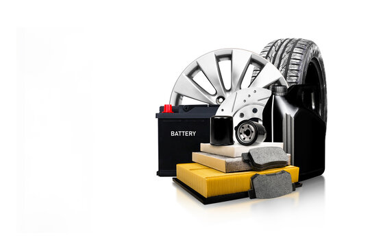 Automotive parts and accessories collection for car maintenance on white background with copy space for text , Car maintenance concept