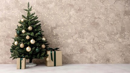 Festive Christmas tree with presents in a cozy setting.