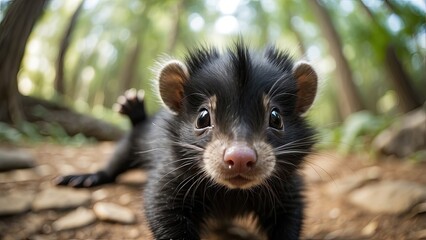 A cute and humorous selfie with a fish-eye lens and a looping background is taken by a baby skunk with bright eyes and a fluffy tail reaching its paws towards the camera