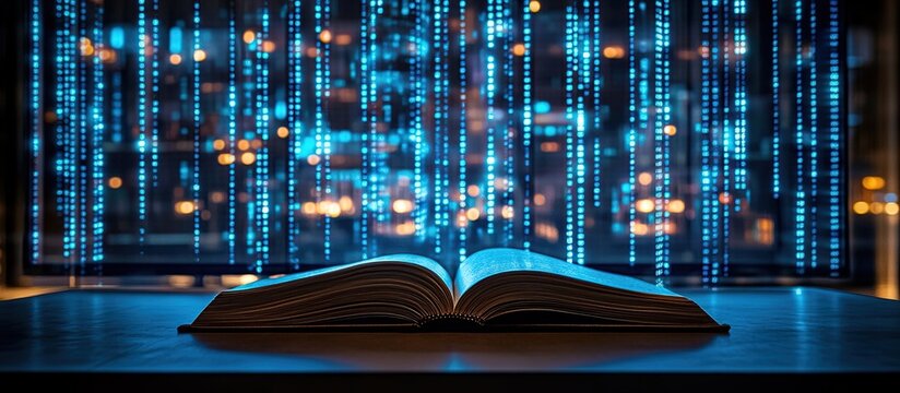 An open book with a digital data stream background, symbolizing knowledge and technology.