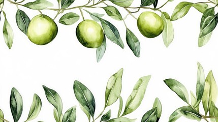 Seamless olive watercolor pattern featuring organic garden plants ideal for fabric and home decor