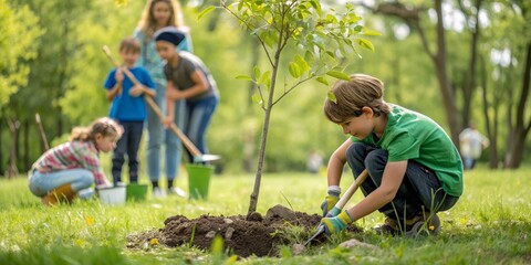 Kids Learning Tree Planting on Arbor Day at Nature Center - Educational Conservation Activities