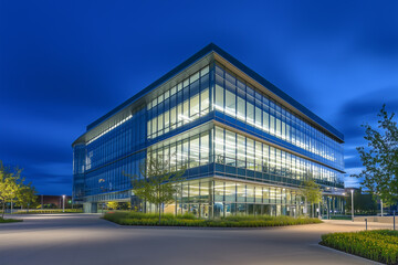 Obraz premium Modern glass office building at night against blue sky, showcasing contemporary design
