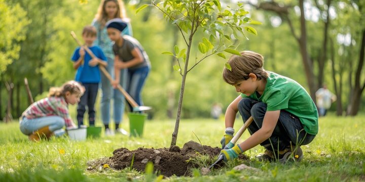 Kids Learning Tree Planting on Arbor Day at Nature Center - Educational Conservation Activities - Powered by Adobe