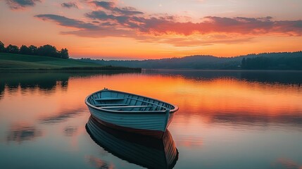 Serene Sunset Over Lake With Small Rowboat