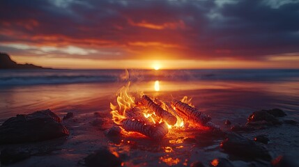 Beach Bonfire Burning Brightly During Sunset