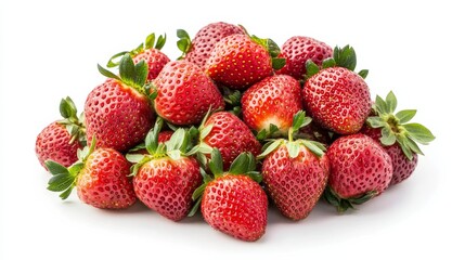 A mound of ripe strawberries with luscious red flesh, Their sweet aroma wafting through the air, Set against an isolated white background to capture their irresistible juiciness 