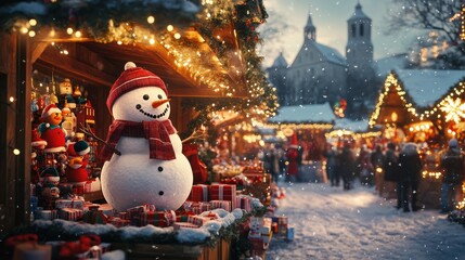 Obraz premium Christmas Snowman sold at traditional Christmas market Decorated and illuminated shopping stands with variety of Xmas toys Christmas market in Bavaria Germany : Generative AI