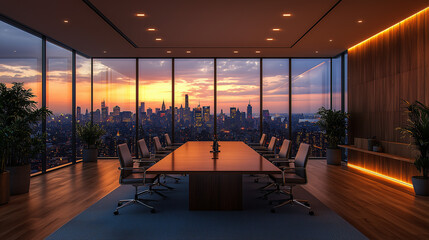A sleek conference room featuring floor-to-ceiling windows, offering natural light and a spacious, modern environment perfect for professional meetings.