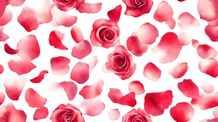 Seamless watercolor pattern of cartoon rose bouquet with flying petals perfect for Valentine s Day greetings
