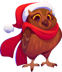 Fototapeta premium Cartoon owl Christmas character wearing red Santa hat and scarf, adding a touch of winter warmth and holiday spirit. Isolated vector festive brown cheerful owl bird ready for seasonal Xmas celebration