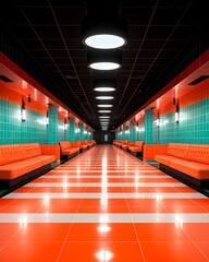 Modern retro-style corridor with vibrant seating and lighting