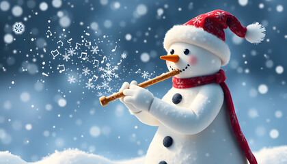 Charming snowman playing a flute, surrounded by falling snowflakes in a festive winter landscape
