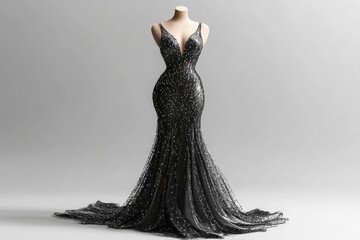 Black and silver gown with plunging neckline, glittering under dim lights at a glamorous evening event.