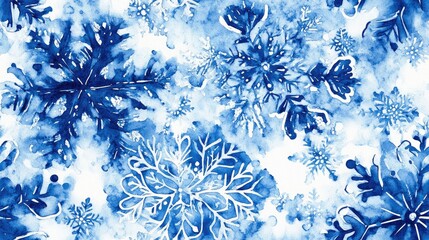 Seamless tile print featuring blue and white snowflakes in Talavera style ideal for dyed swimwear design watercolor pattern