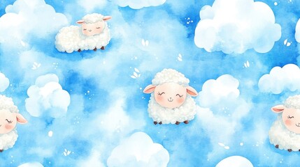 Watercolor seamless pattern featuring playful sheep and fluffy clouds on a bright background ideal for children s textiles and nursery decor