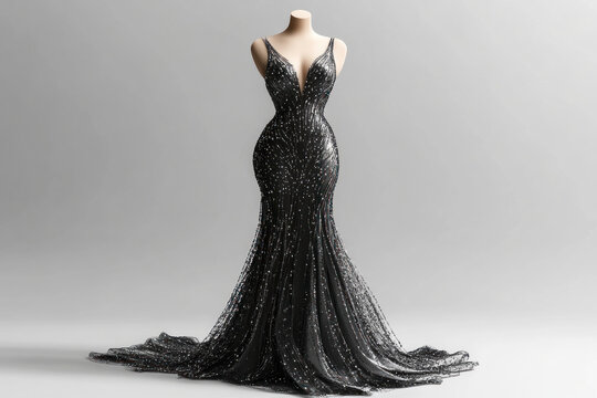 Black and silver gown with plunging neckline, glittering under dim lights at a glamorous evening event.